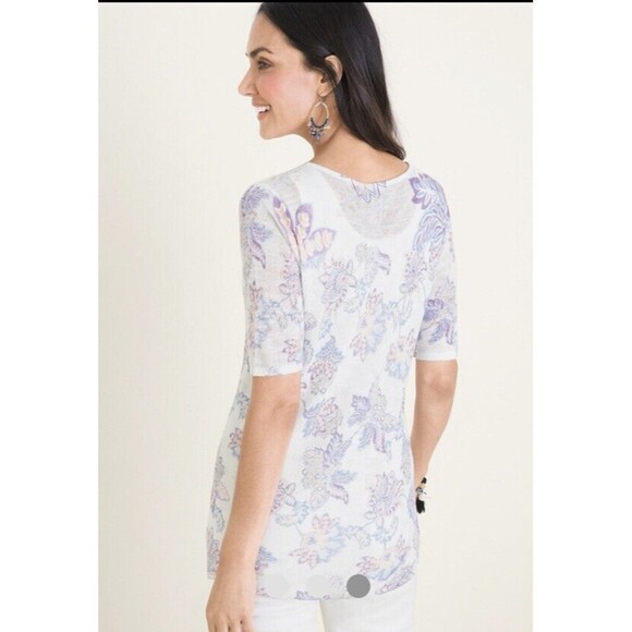 Chicos Women’s Size Large Floral Printed Pointelle-Stitch Open Knit Sweater - Picture 3 of 12